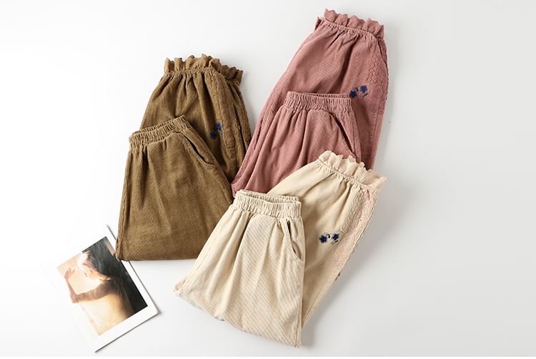CosmoCorner - Corduroy Harembroek met elastische taille en bloemenaccent