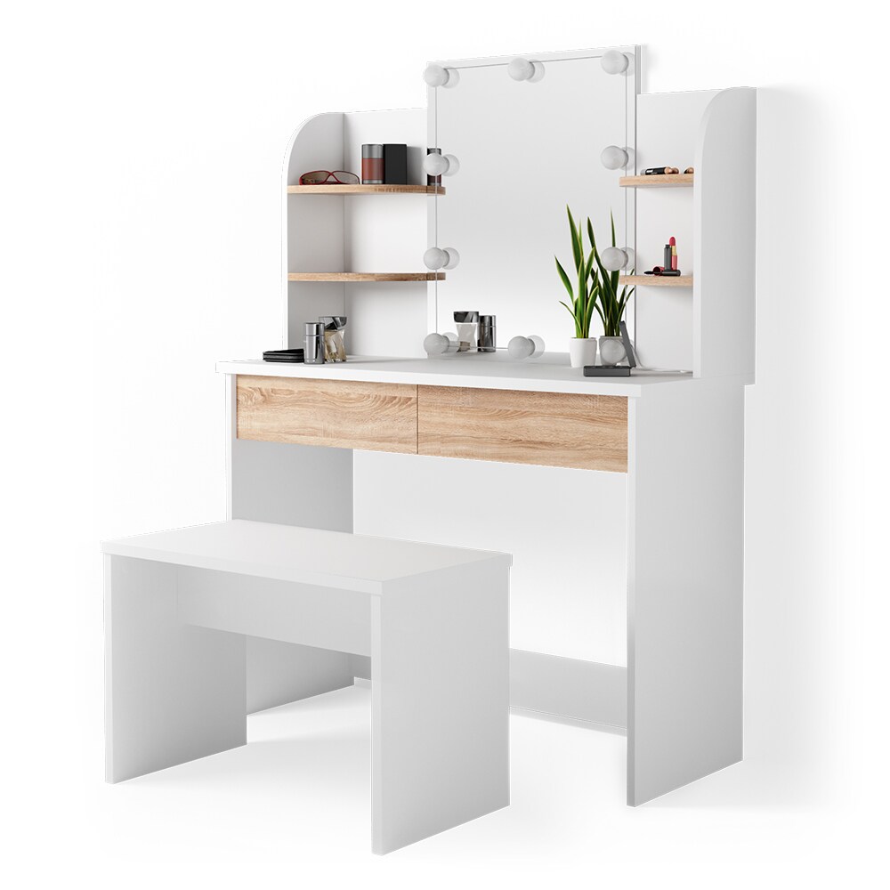 VICCO LED Schminktisch CHARLOTTE Frisiertisch Weiß Eiche Kosmetiktisch Bank