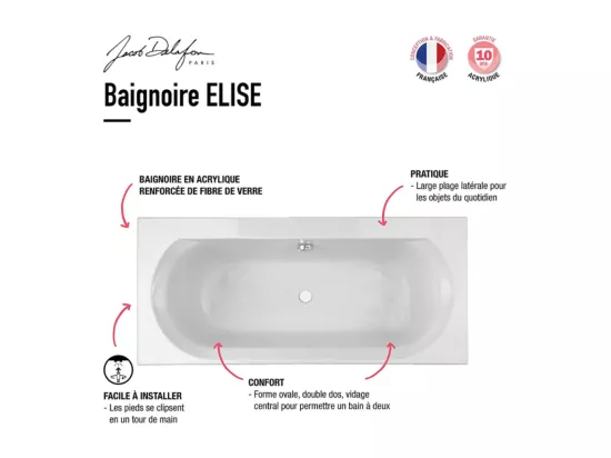 Pack baignoire droite 170 x 75 JACOB DELAFON Elise + pare bain noir mat + vidage