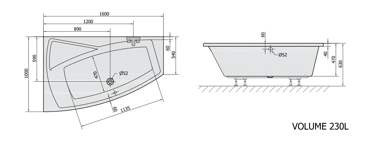 Polysan Evia asymmetrisch bad links 160x100x47cm