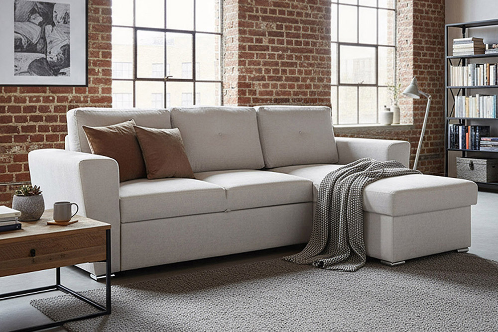 Schlafecksofa APARTMENT 245cm beige Strukturstoff inkl. Stauraum beidseitig aufbaubar