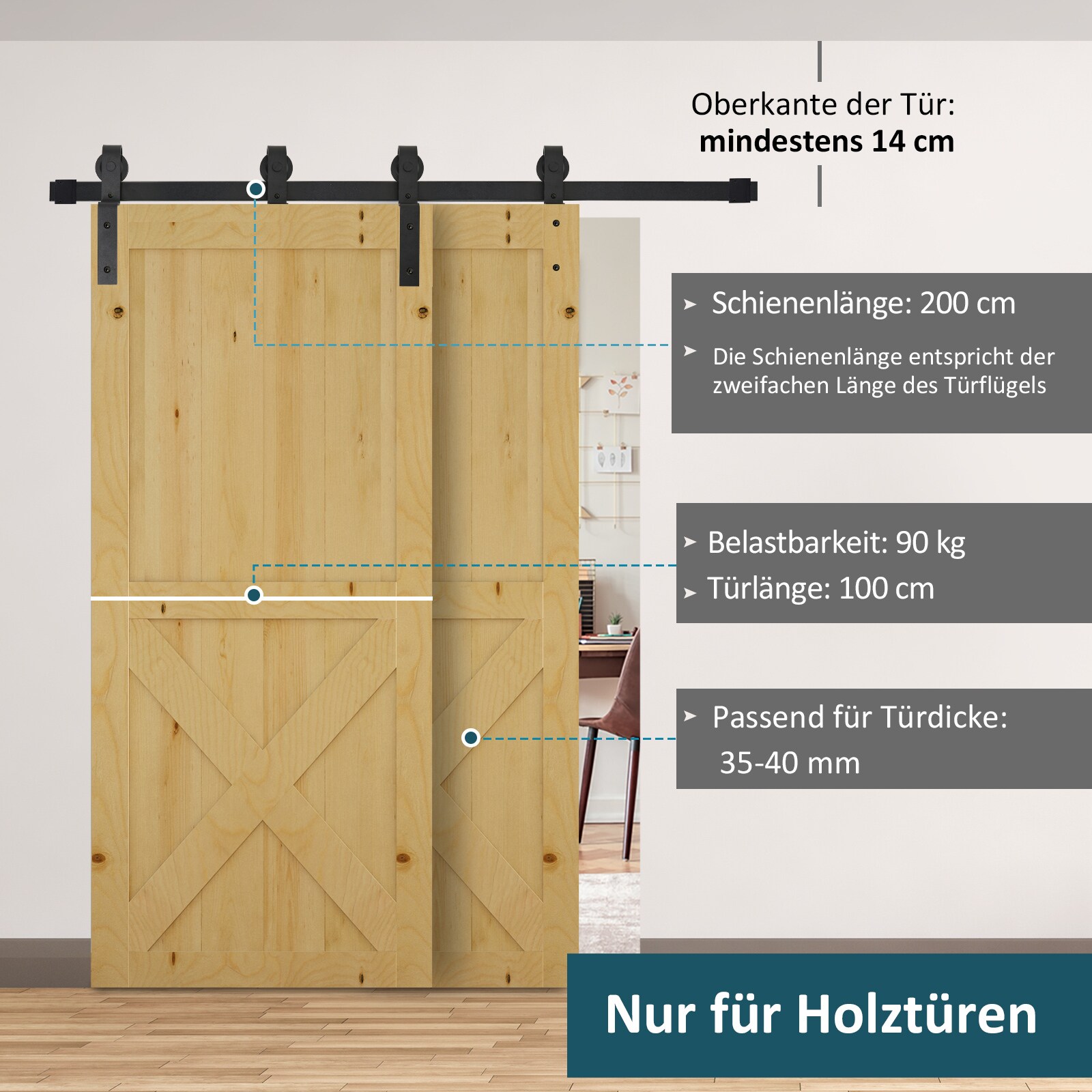 HOMCOM Schiebetürsystem mit Aufhängung für eine Tür schwarz 200 x 0,6 x 4 cm (BxTxH)