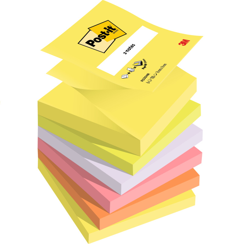 Post-it Haftnotizen Z-Notes Rainbow, 76 x 76 mm, 6 x 100 Blatt