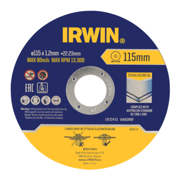 Irwin Pro doorslijpschijven Ø115 mm. Dikte 1.2 mm. Voor metaal. 10 stuks in blik.