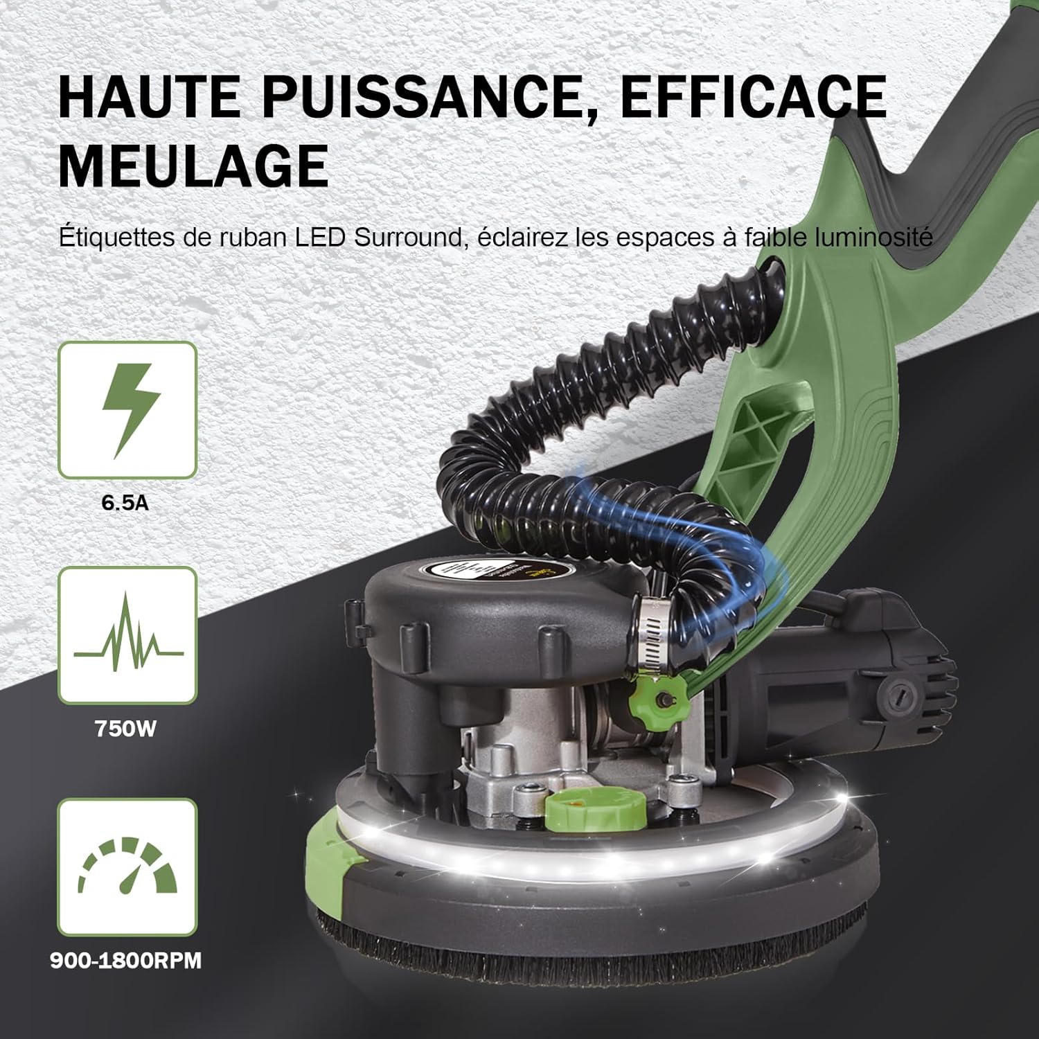 Giraffenschleifer, 750 W, professionell, mit automatischem Vakuumsystem und LED-Licht, Wand- und Teleskop-Deckenschleifer, Durchmesser 215 mm, 7 Geschwindigkeitsstufen, 900-1800 U/min (grün)