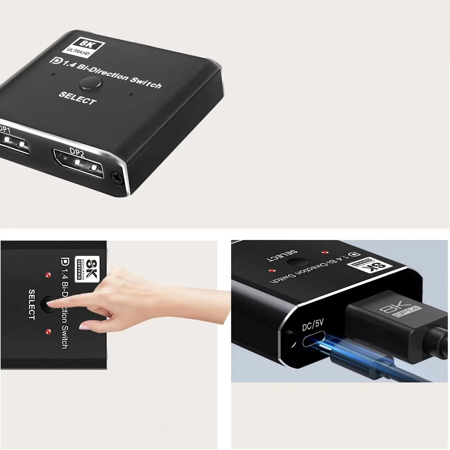 2-fach 8K DisplayPort 1.4 Switch Umschaltbox Bi-Direction Splitter mit 2x Input / 1x Output / LED Anzeige   Fernbedienung - Schwarz