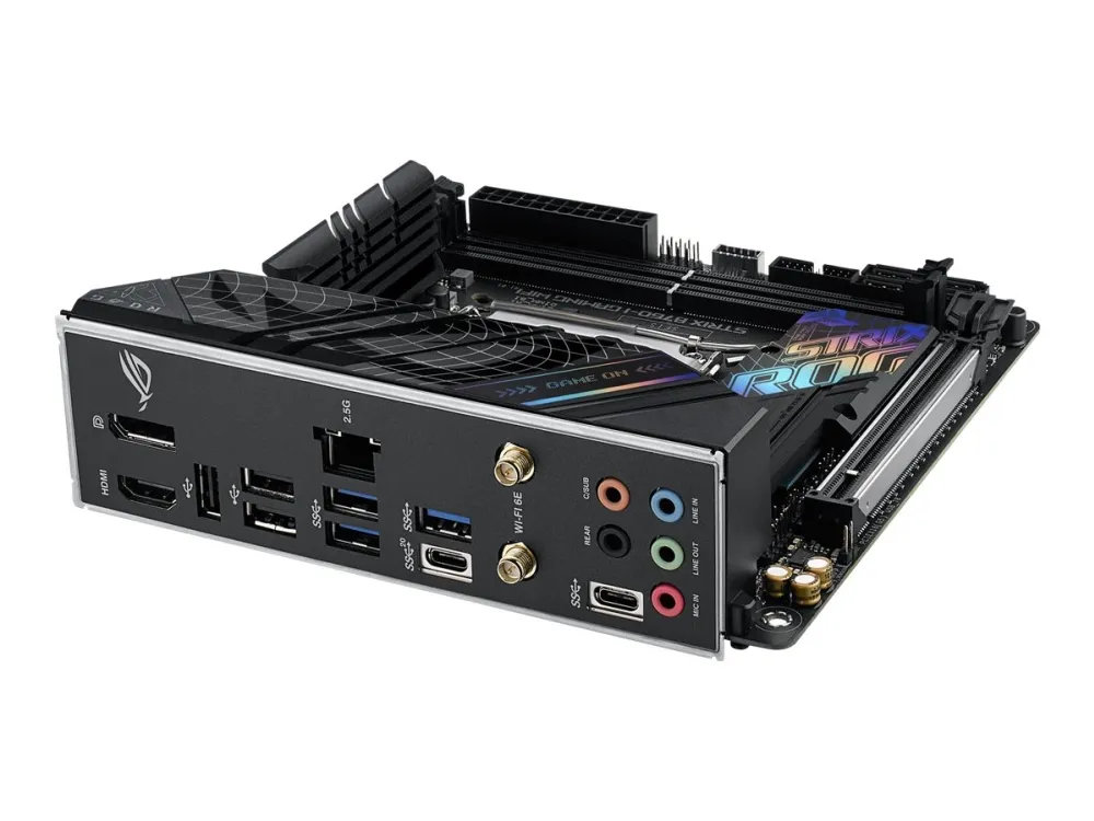 ASUS ROG STRIX B760-I GAMING WIFI - Bundkort - mini ITX - LGA1700 sokkel - B760 Chipset - USB 3.2 Gen 1, USB-C 3.2 Gen 1, USB-C 3.2 Gen 2x2, USB-C 3.2 Gen2 - 2.5 Gigabit LAN, Wi-Fi 6E, Bluetooth - onboard grafik (CPU påkrævet) - HD Audio (8-kanaler)