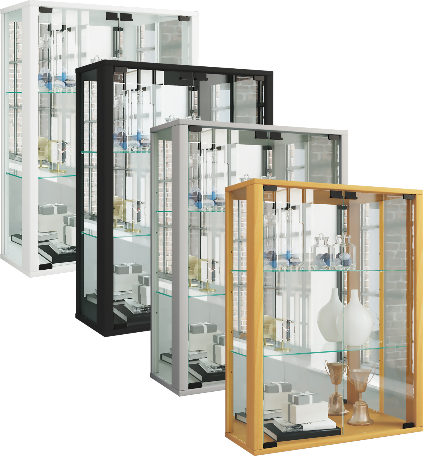 Wandvitrine UDINA - silber - mit Rückwandspiegel - 60 cm