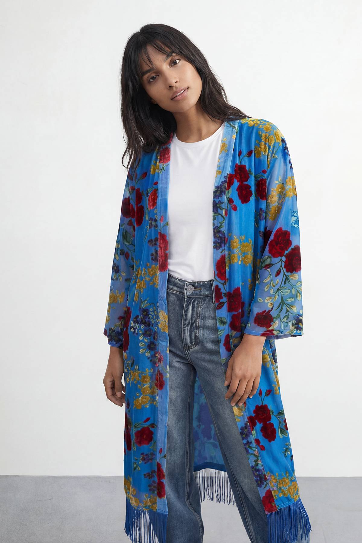 Warehouse Kimono Midi Premium À Motif Dévoré Avec Ourlet À Franges