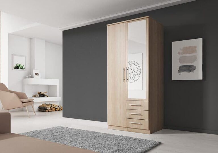 Fabryka Mebli Idźczak Kleiderschrank mit Spiegel, 2 Türen, 3 Schubladen - Drehtürenschrank - Schlafzimmerschrank - 61 x 100 x 207 cm - Wohnzimmerschrank - Garderobenschrank, Sonoma Schrank
