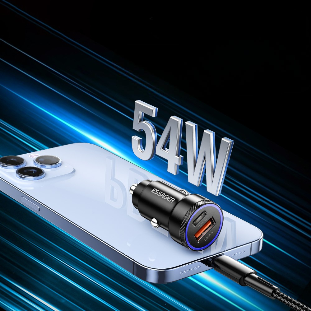 (54W) Universal USB A / USB C Auto KFZ Ladegerät mit LED Beleuchtung - Grau