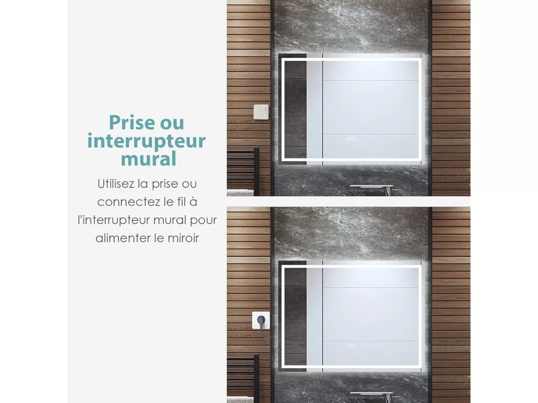 Miroir de Salle de Bain Anti-Buée LED, 80 x 60 cm, Miroir Mural Lumineux avec 3 Eclairages Blanc Froid/Neutre/Chaud, Miroir LED Rectangulaire avec Interrupteur Tactile et Fonction