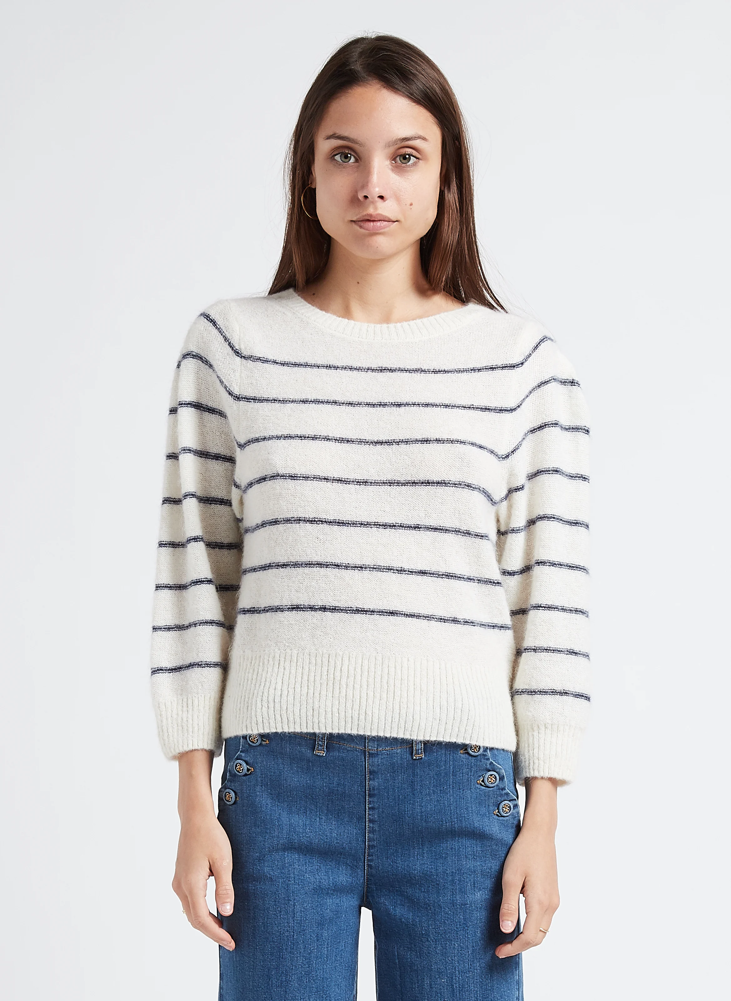 Pull col rond rayé en alpaga mélangé| Blanc