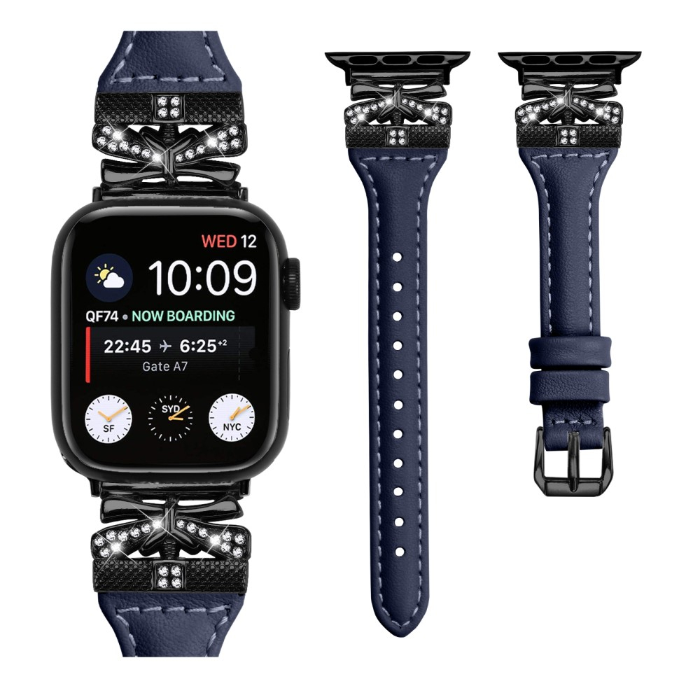 Apple Watch (42/41/40/38 mm) Leder Armband im Slim Design mit schwarzer Glitzerstein-Schnalle (Gelenkumfang: 175-220mm) - Dunkelblau