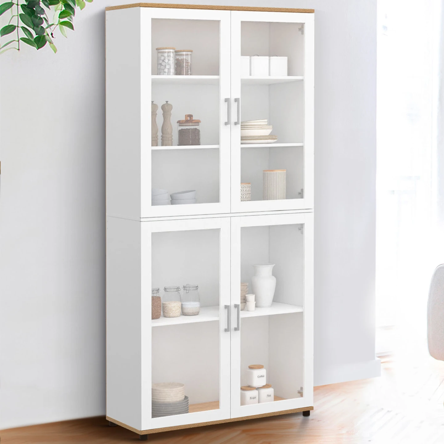 Vitrine buffet haut H. 176 cm vaisselier VITO 4 portes vitrées blanc et bois