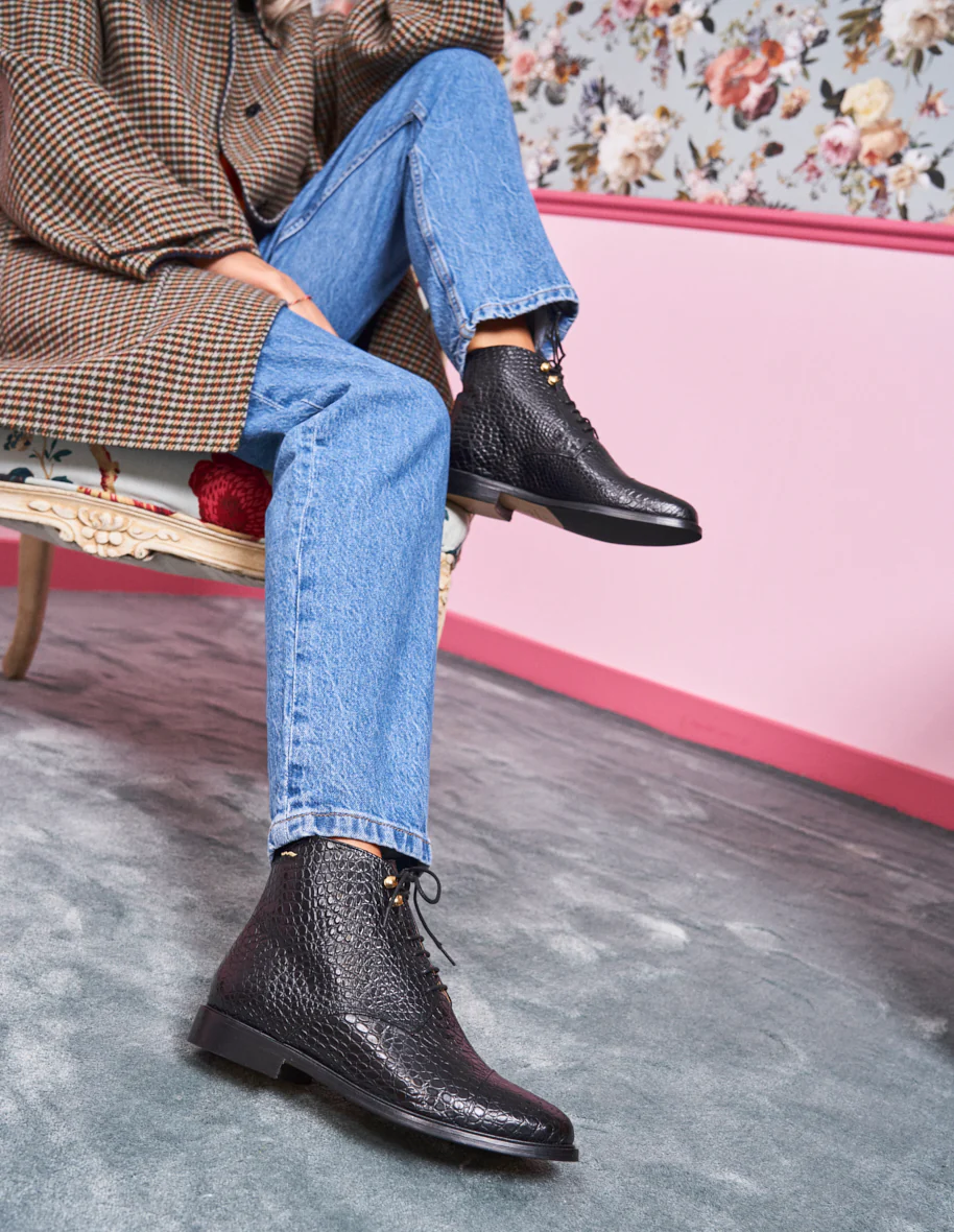 Bottines à lacets Lucienne - Cuir croco noir