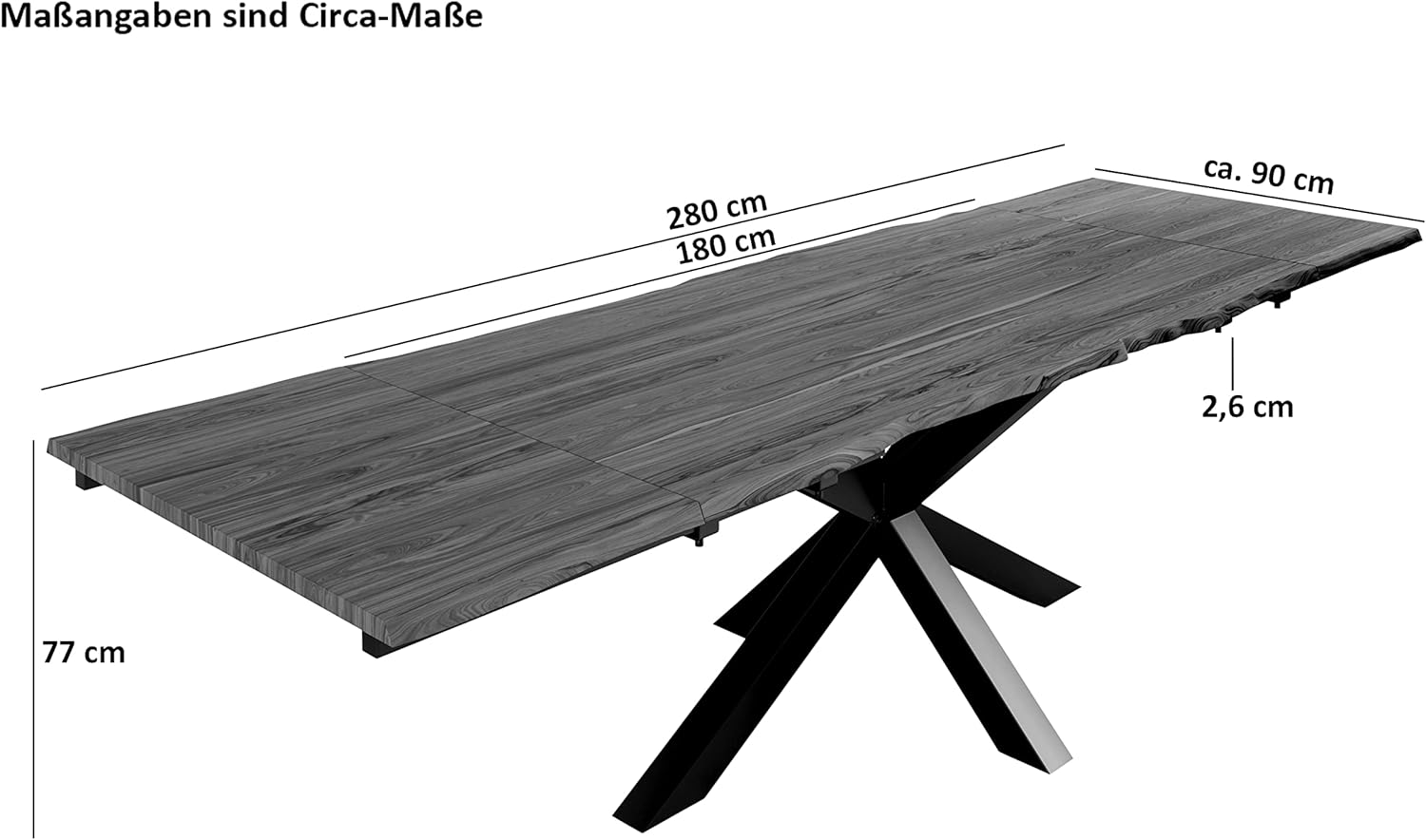 SAM Baumkantentisch 180 (280) x 90 cm Jannik, Akazienholz massiv & nougatfarben, Esstisch inkl. 2 Ansteckplatten 50 x 90 cm, echte Baumkante, Spider-Metallgestell in Schwarz
