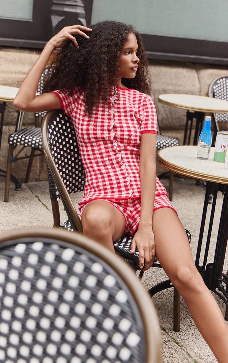 Rouge Haut À Manches Courtes En Maille Jacquard Vichy Avec Boutonnage
