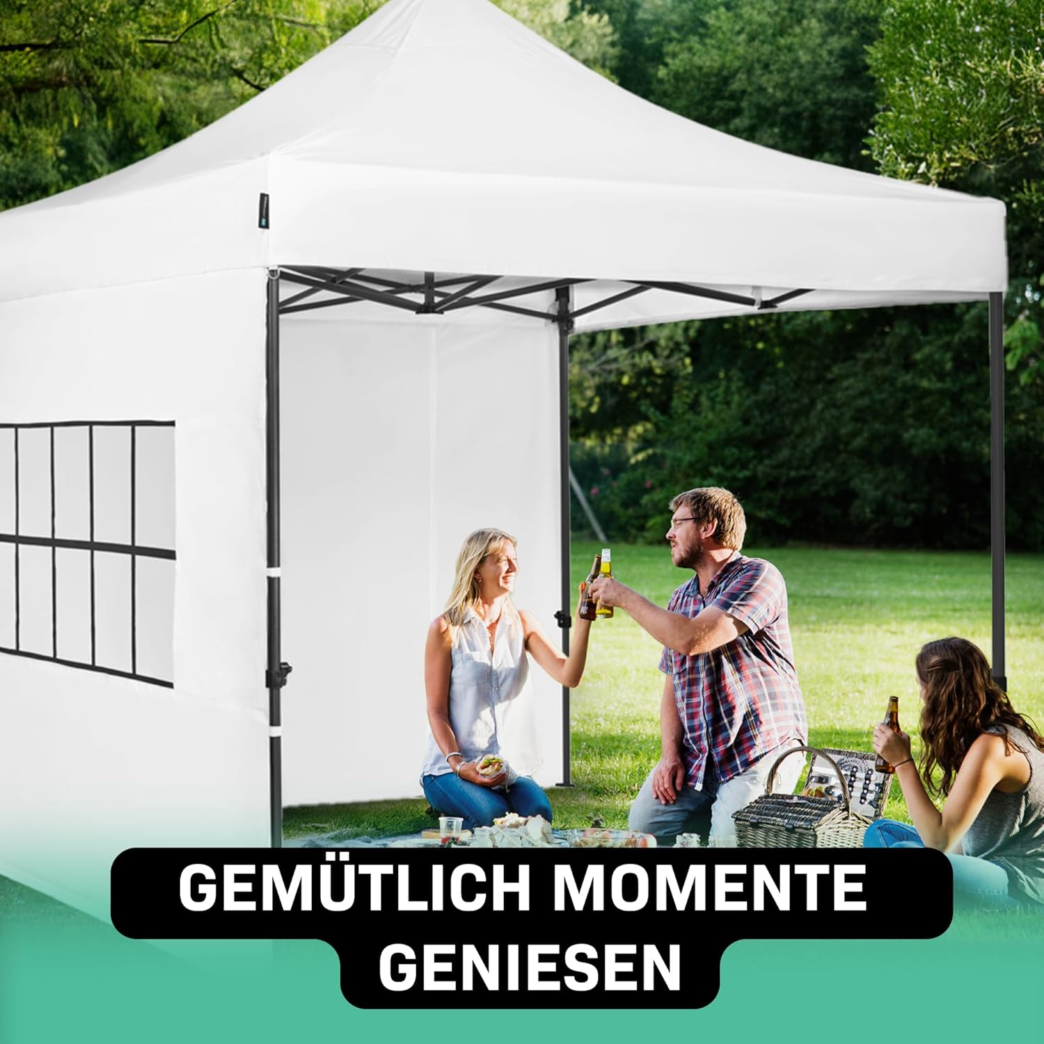 Pavillon Easy-Up 3 x 3 m – Gartenzelt mit Stahlrahmen, wasserdichte Plane, UV-Schutz 50+, Transporttasche mit Rädern – modular und erweiterbar (3x3m Seitenwände, Weiss)