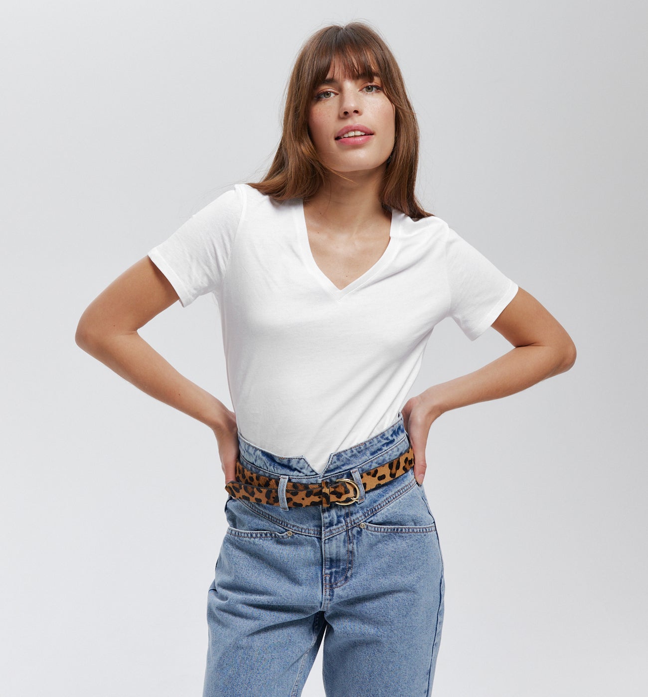 T-shirt uni col V Femme - Blanc