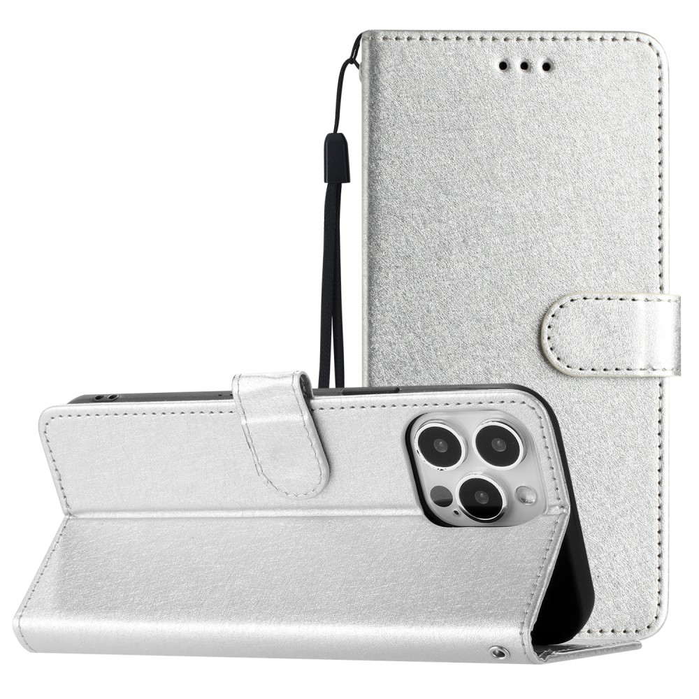iPhone 15 Pro Leder Tasche Flipcover Wallet mit Kartenfächern - Silber