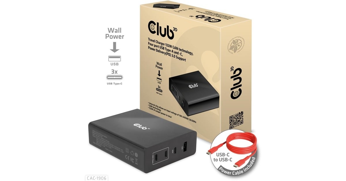 Club 3DTravel Charger 132W GAN technology, Four port USB Type-A and -C  (Zwart, Power Delivery(PD) 3.0)