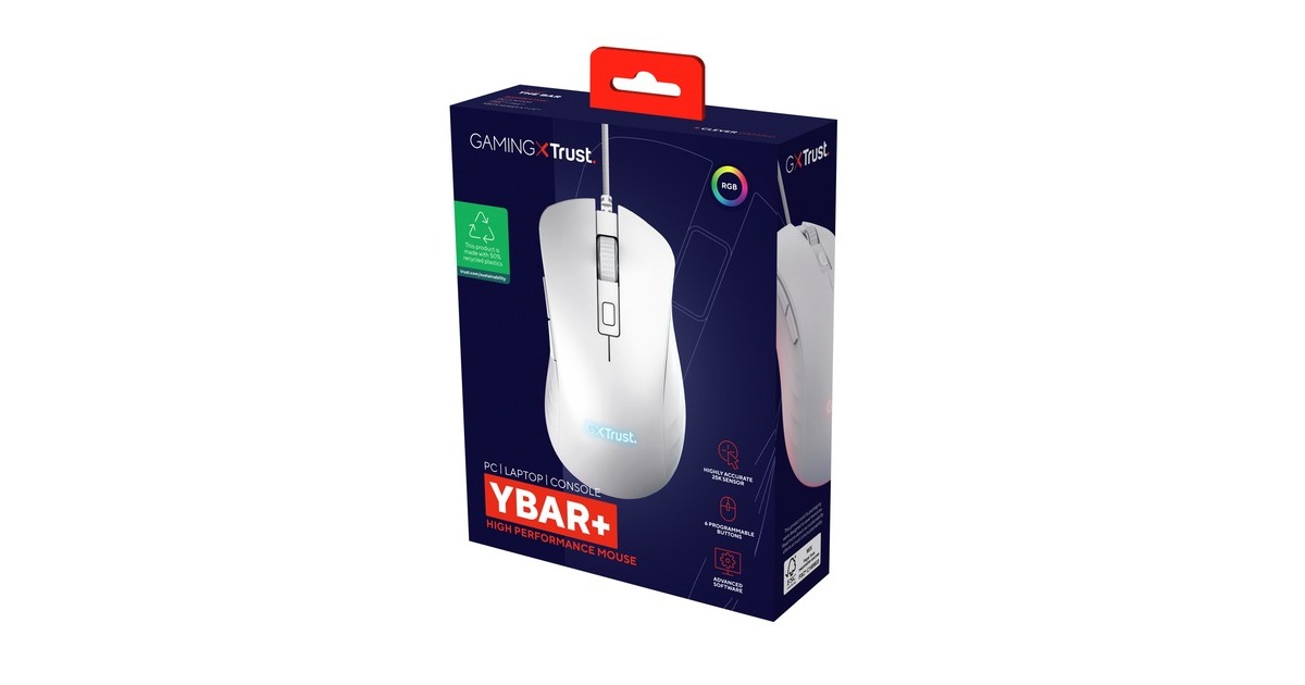 TrustGXT 924W Ybar+ gaming muis met hoogwaardige prestaties  (Wit, RGB, 25.600 dpi, Tweedekans)