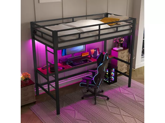 Lit mezzanine 90×200 cm rampe escabeau table avec USB et prise bande lumineuse Wire Control éclairage d'ambiance métal Noir