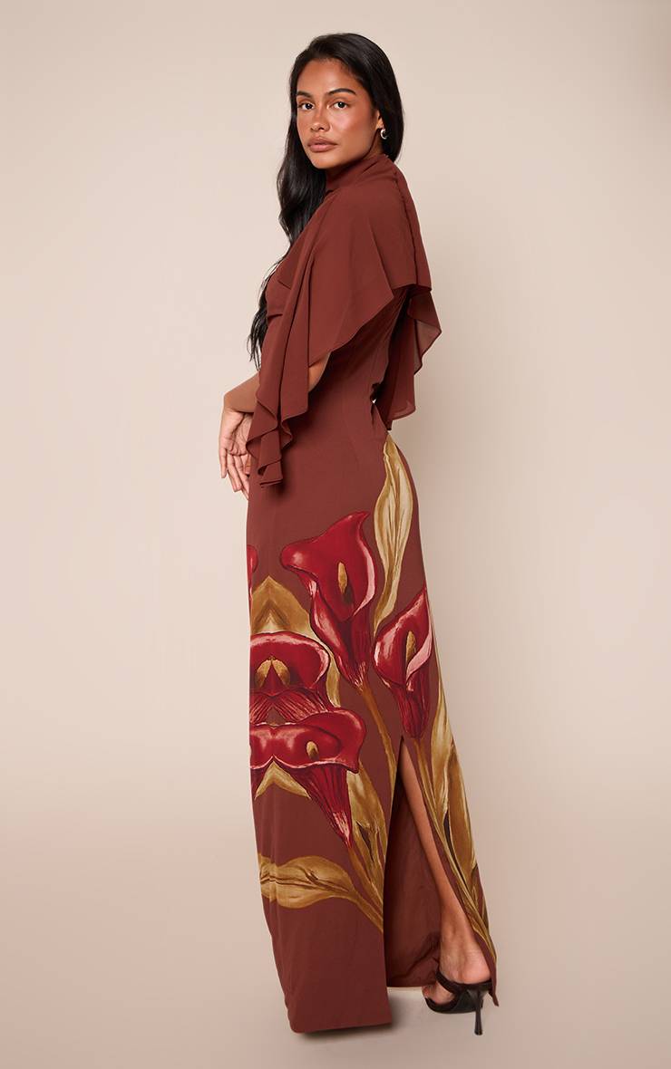 Marron Robe Longue Maxi À Superposition Cape En Mousseline Imprimé Fleuri