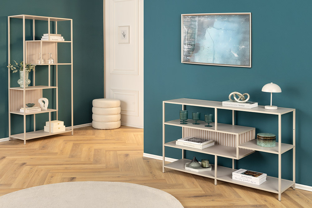 Modernes Bücherregal SLIM LINE 115cm champagner beige Metallgestell fünf Regalböden