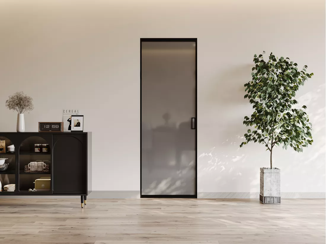 Porte coulissante avec système à galandage - aluminium et verre trempé fumé dépoli - H205 x L83 cm - LINCI II