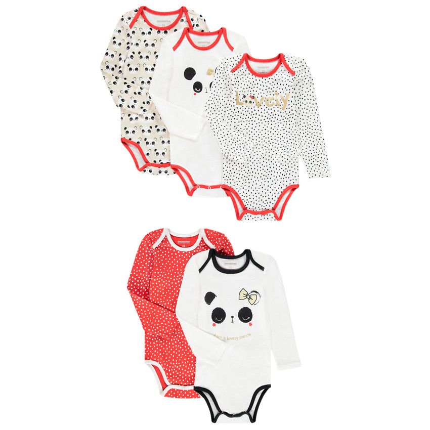 Lot de 5 bodies manches longues print panda pour bébé fille - Ecru