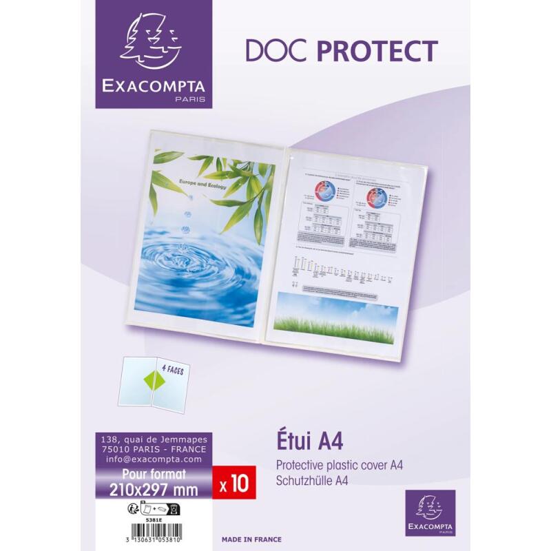 Sachet de 10 étuis de protection doubles PVC lisse 20/100e - A4 - Cristal