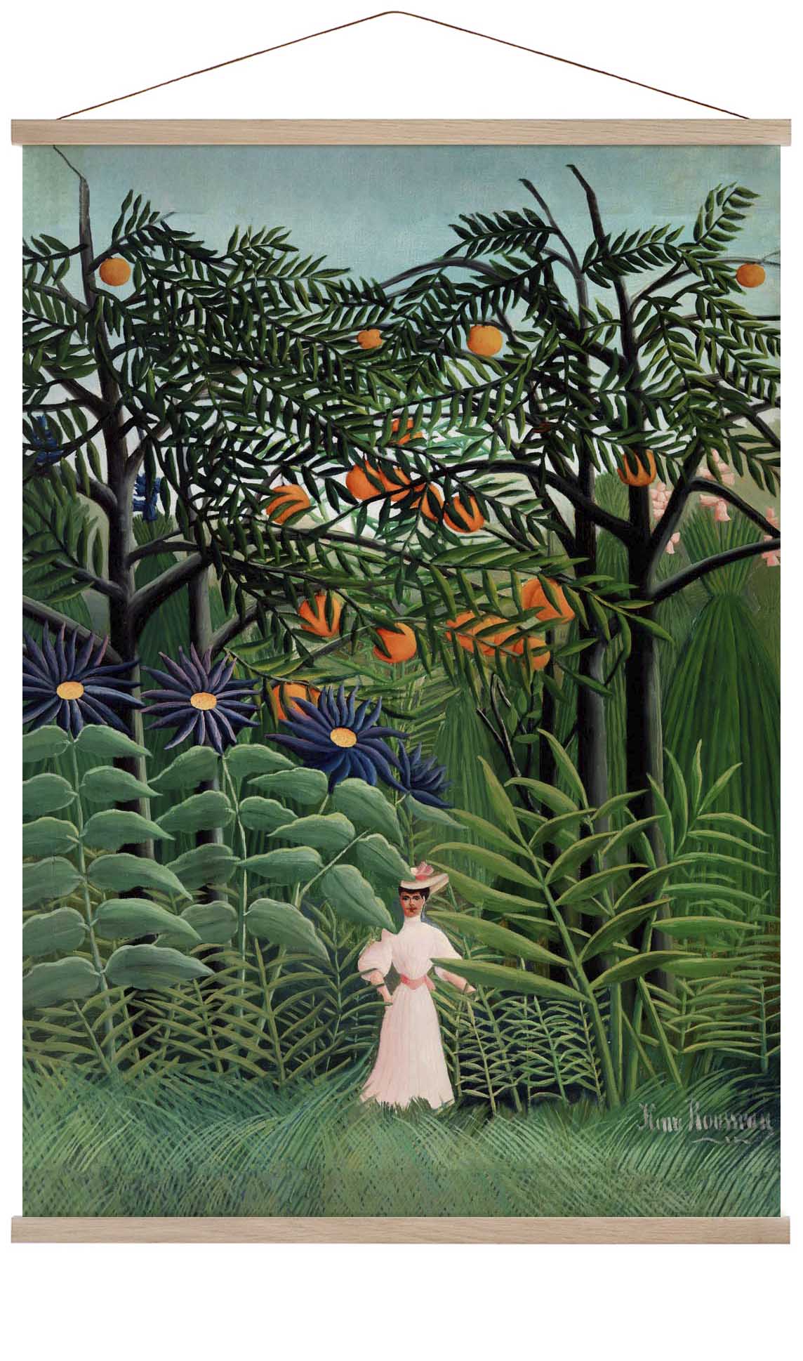 Frau, die in einem exotischen Wald von Rousseau Art Print spazieren geht