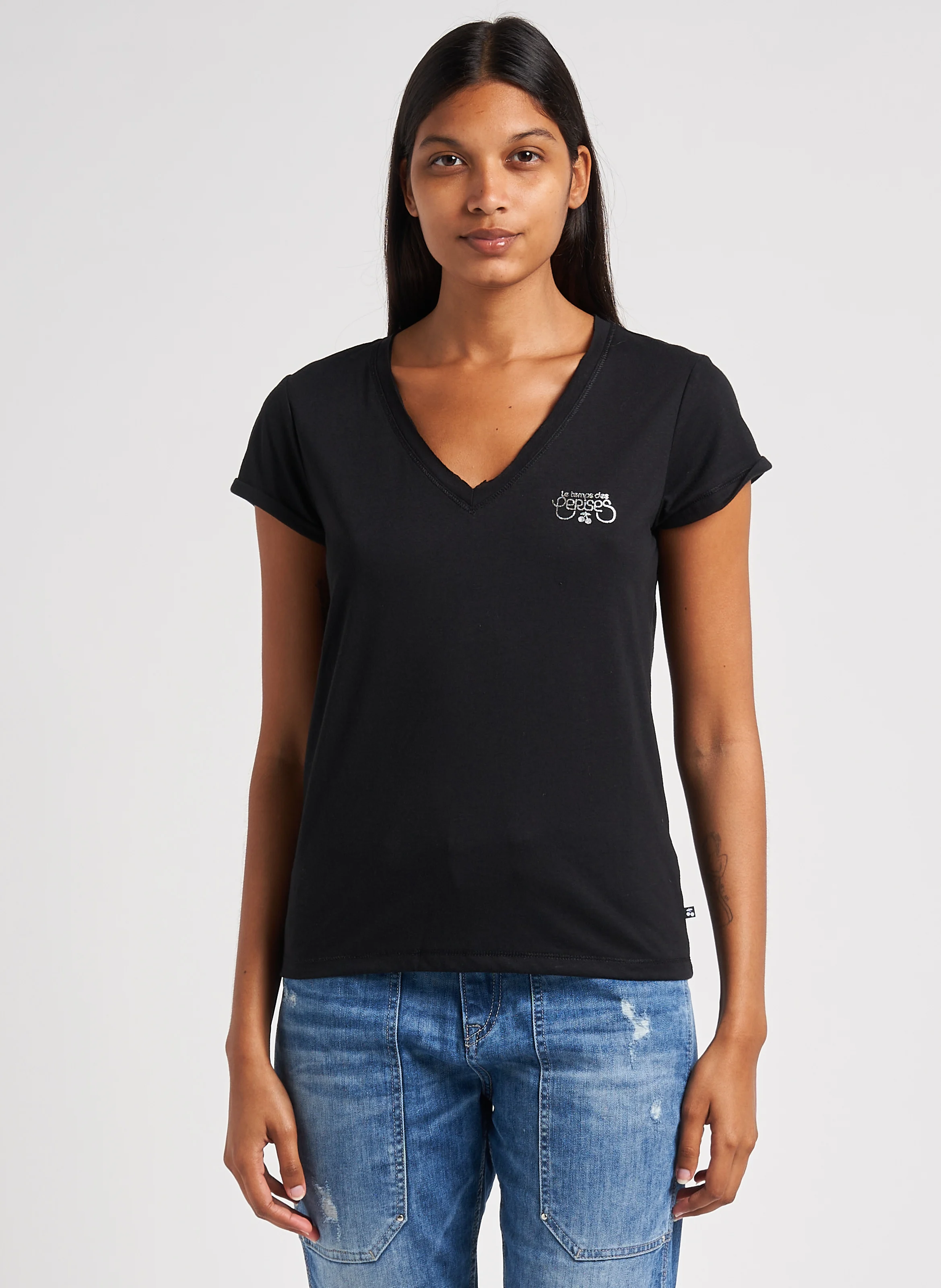 Tee-shirt droit col V sérigraphié en lin | Noir