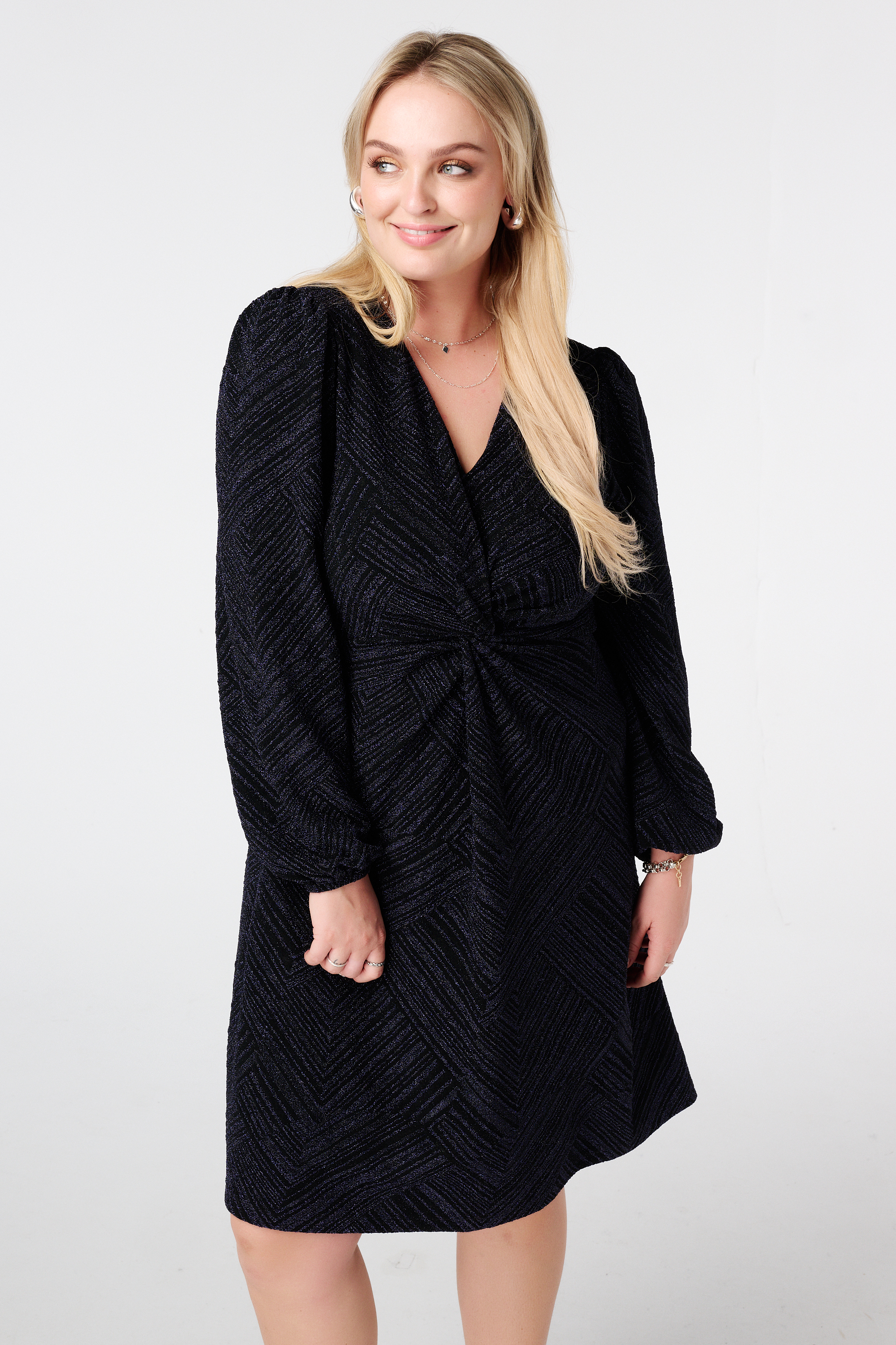 Lurex jurk met knoopdetail Navy blauw