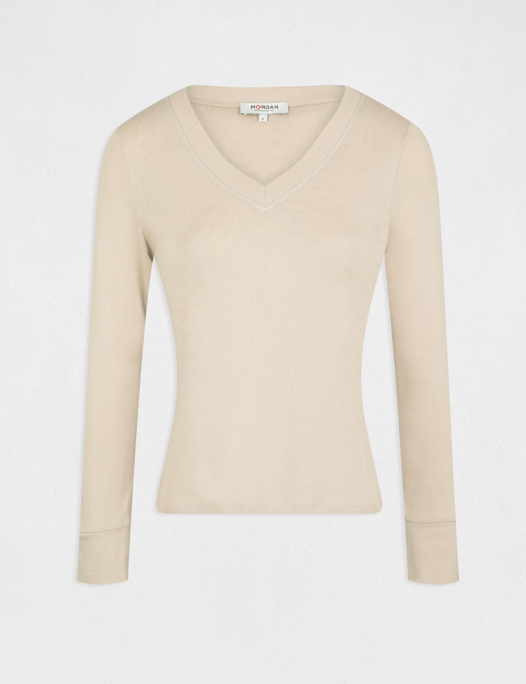 T-shirt manches longues avec col en V mastic femme - mastic