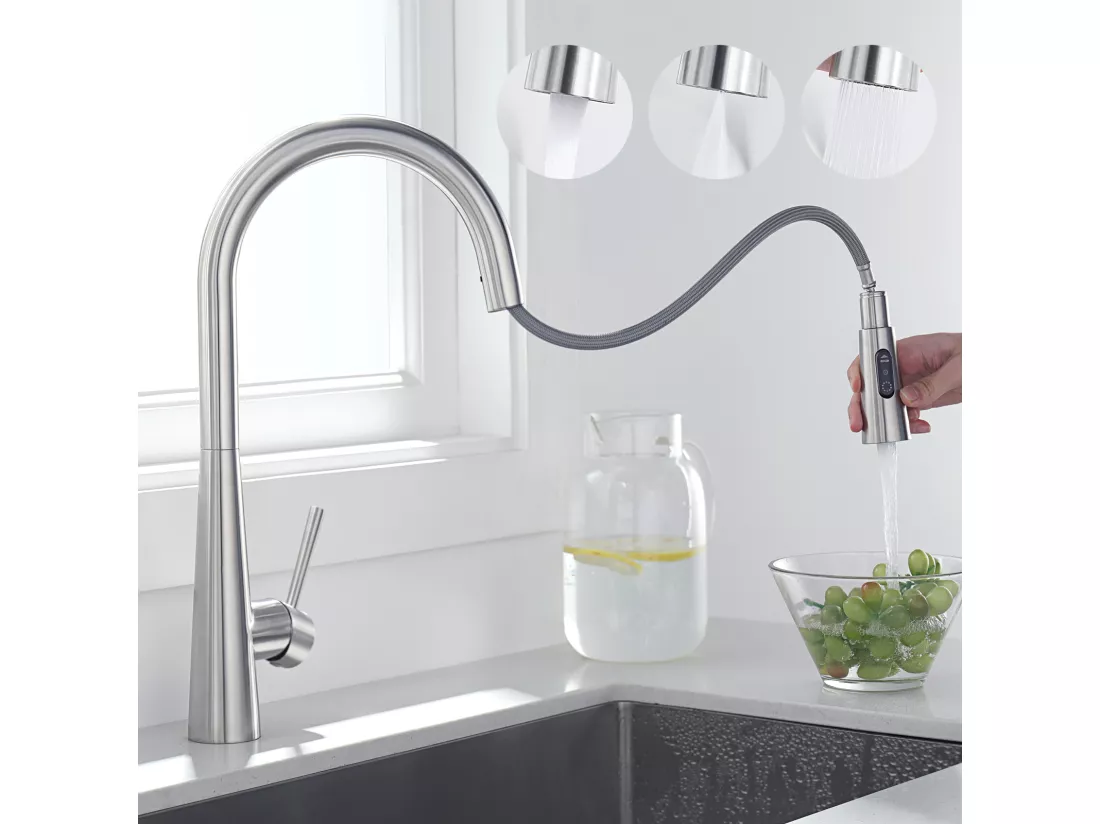 Mitigeur de Cuisine Brossé avec 3 Modes Jets Eau, Cecipa max Robinet Evier Haute Qualité 360 Rotatif, Mitigeur avec Douchette Extractible,EU Modèle