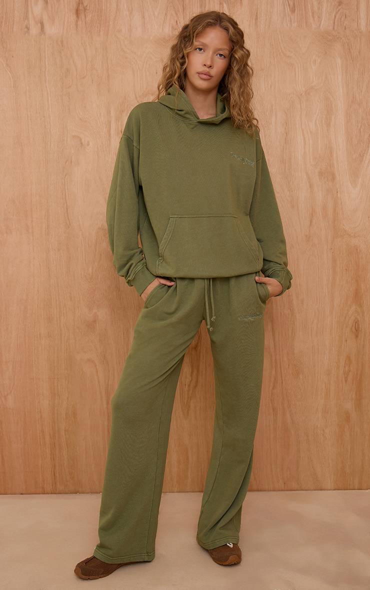 Vert Sauge Jogger Droit Plt En Molleton Délavé À L'acide Avec Broderie
