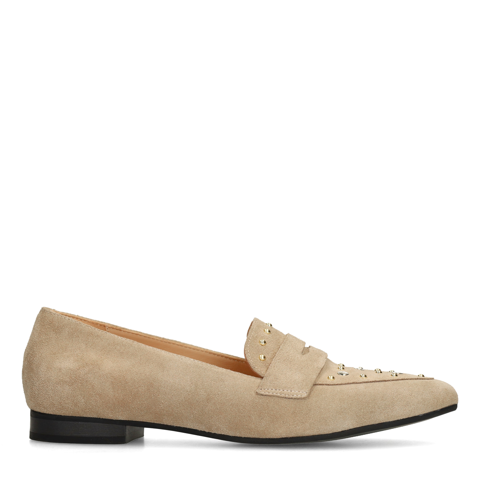 Beige suède loafers met gouden studs