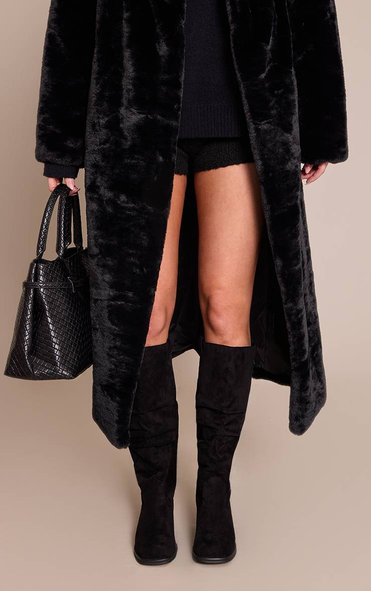 Noir Bottes Hautes Plissées À Talon Bas En Synthétique