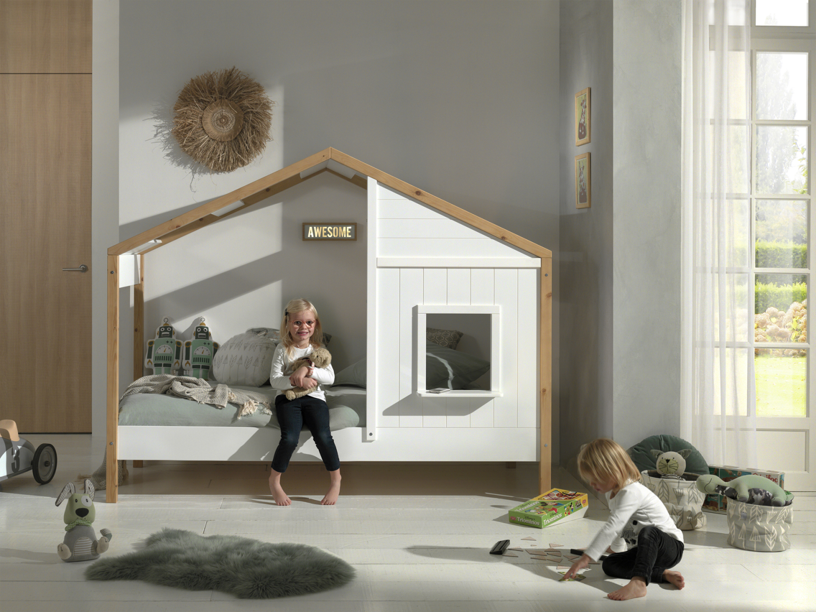 Landhausbett BABS - weiß - Kiefer teilmassiv - ein Fenster - 90x200 cm