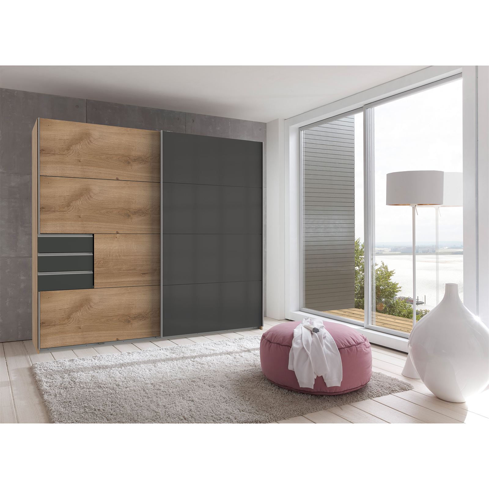 Schwebetürenschrank - Plankeneiche - 3 Schubkästen - 225 cm