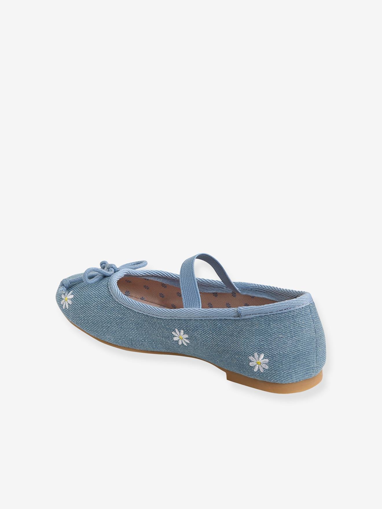 Sapatilhas de ballet bordadas para meninas, lisas, azul médio.