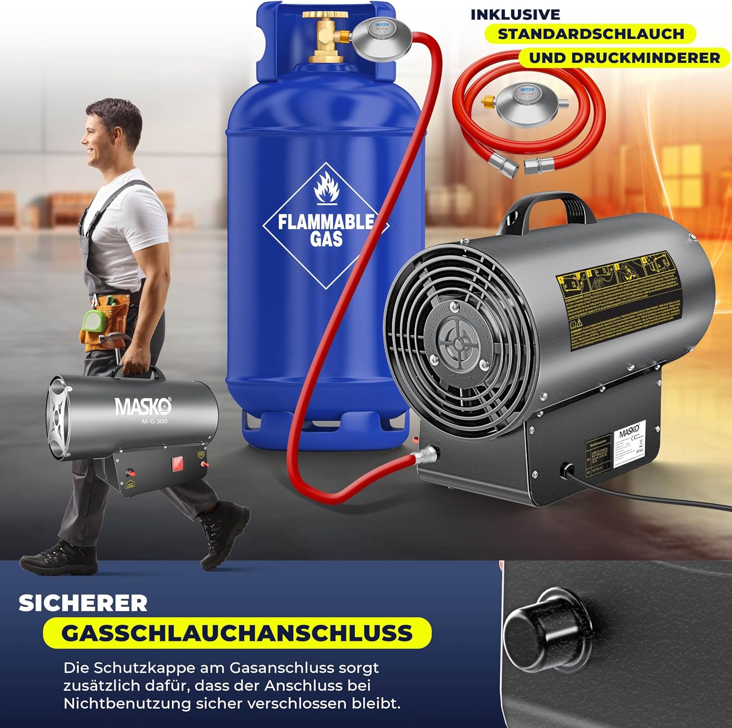 Masko® Gasheizgebläse Gasheizer Heizkanone Gasheizstrahler 30 KW Bauheizer Gas Heizgerät heizstrahler Heißluftgenerator inkl. Gasschlauch & Druckminderer Heizgebläse für handelsübliche Gasflaschen