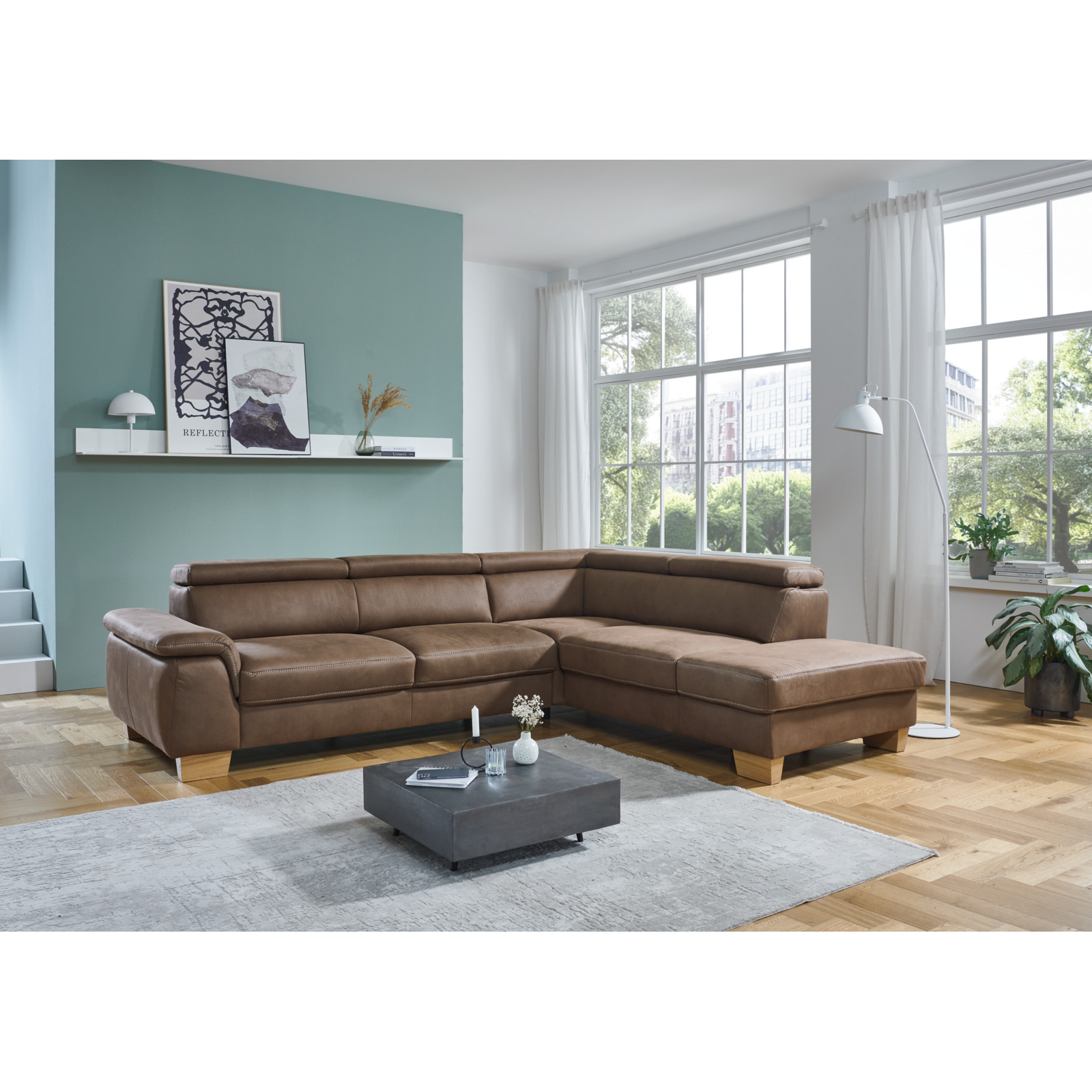 Ecksofa Erlangen, Stoff Deluxe Schoko, mit elektrischer Vorziehbank, Recamière rechts