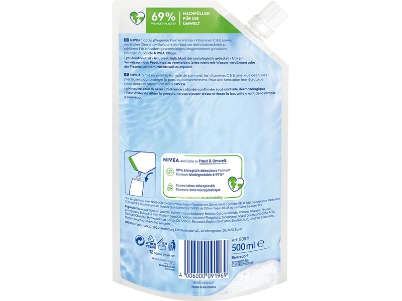 NIVEA Duschcreme Pflegedusche Creme Soft Refill 500 ml Milde Duschcreme mit wertvollem Mandelöl und zartem Duft verwöhnt die Haut