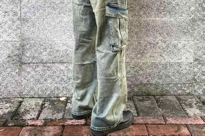 Adotuiastic - Mid Rise Washed Loose Fit Cargo Jeans