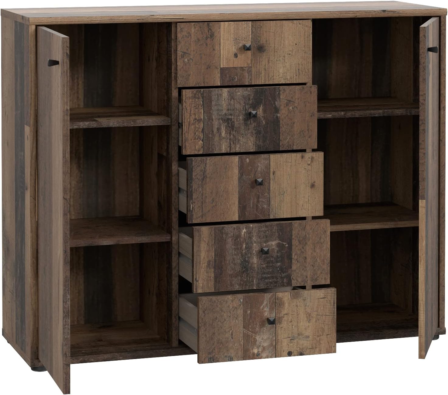 FORTE TEMPRA 2 Kommode mit 2 Türen und 5 Schubladen, Holzwerkstoff, Old – Wood Vintage Dekor, (B x H x T) 108,8 x 85,5 x 34,8 cm