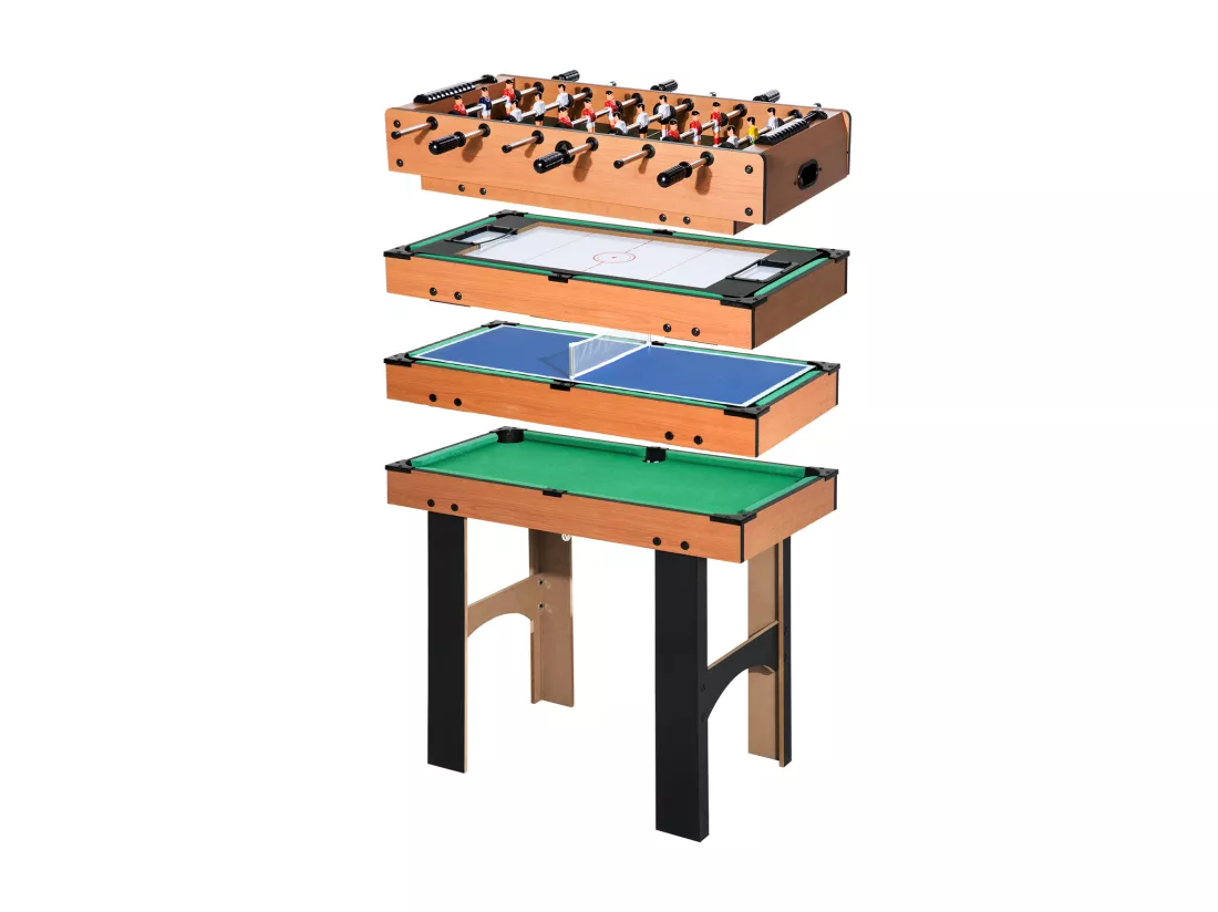Table multi jeux 4 en 1 babyfoot billard air hockey ping-pong avec accessoires MDF aspect bois